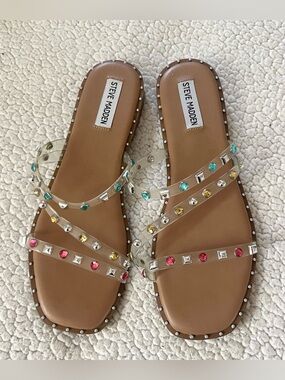 Steve Madden Square Toe Multi Color Clear Strap Gemstone Sandals Size 9